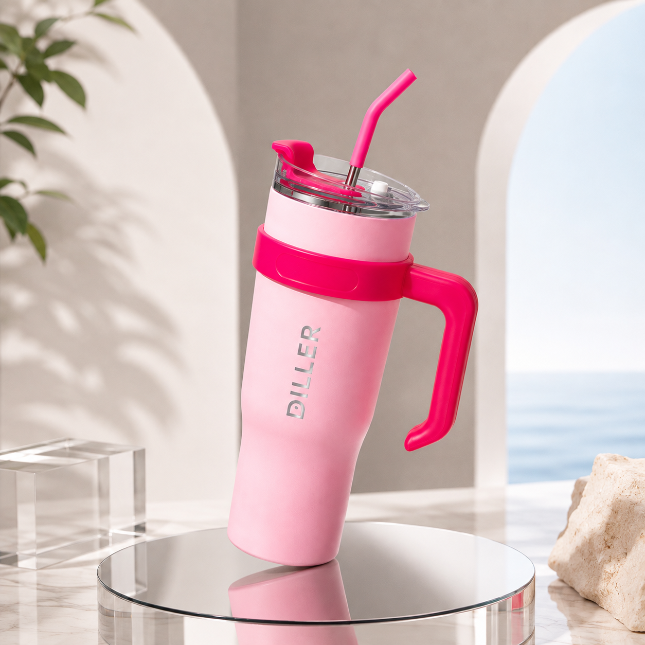 DILLER 1200ml Insulated Travel Tumbler with Handle & Dual Sip Lid | SUS304 Stainless Steel | Pink