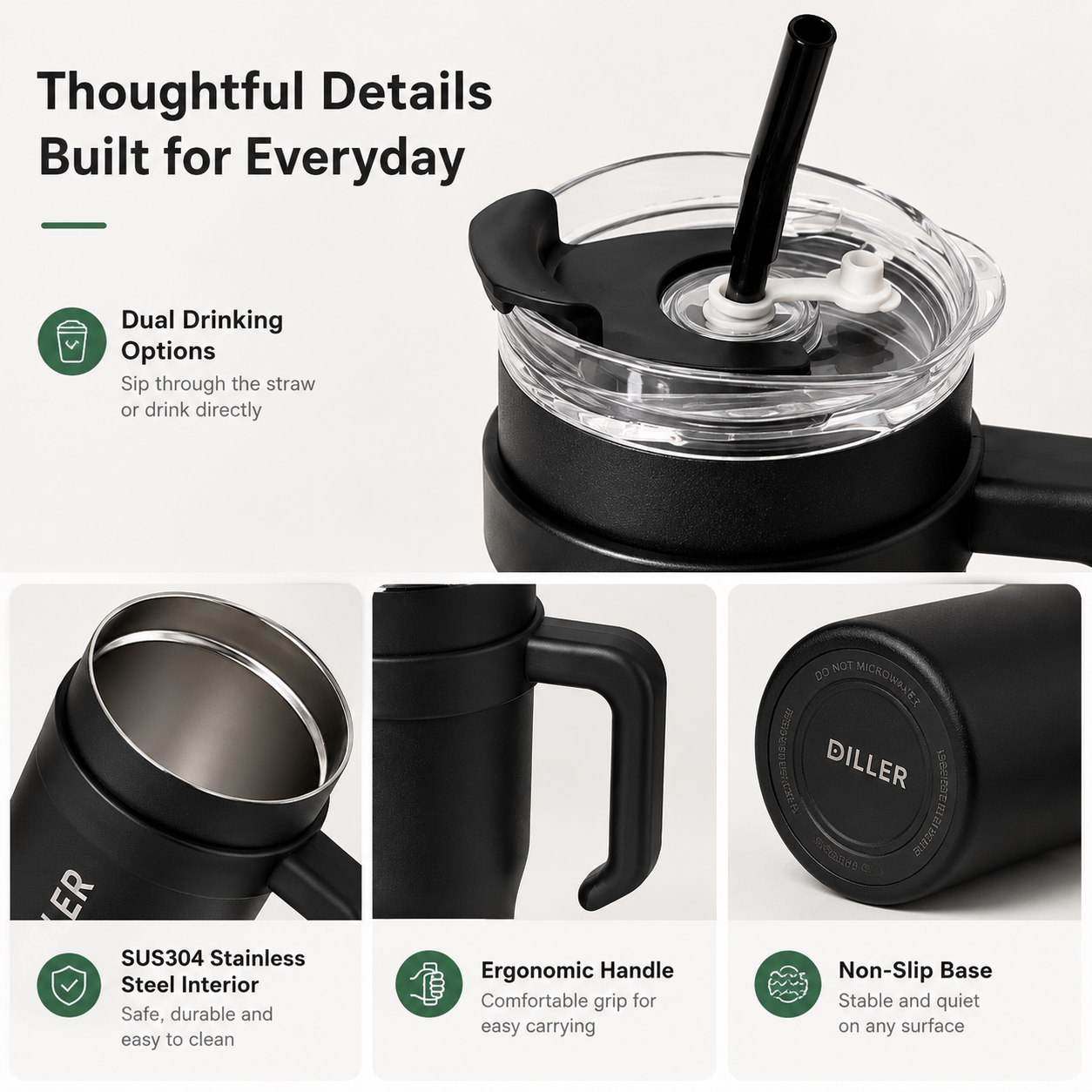 DILLER 1100ml Insulated Travel Tumbler with Handle & Straw | SUS304 Stainless Steel | Black & White