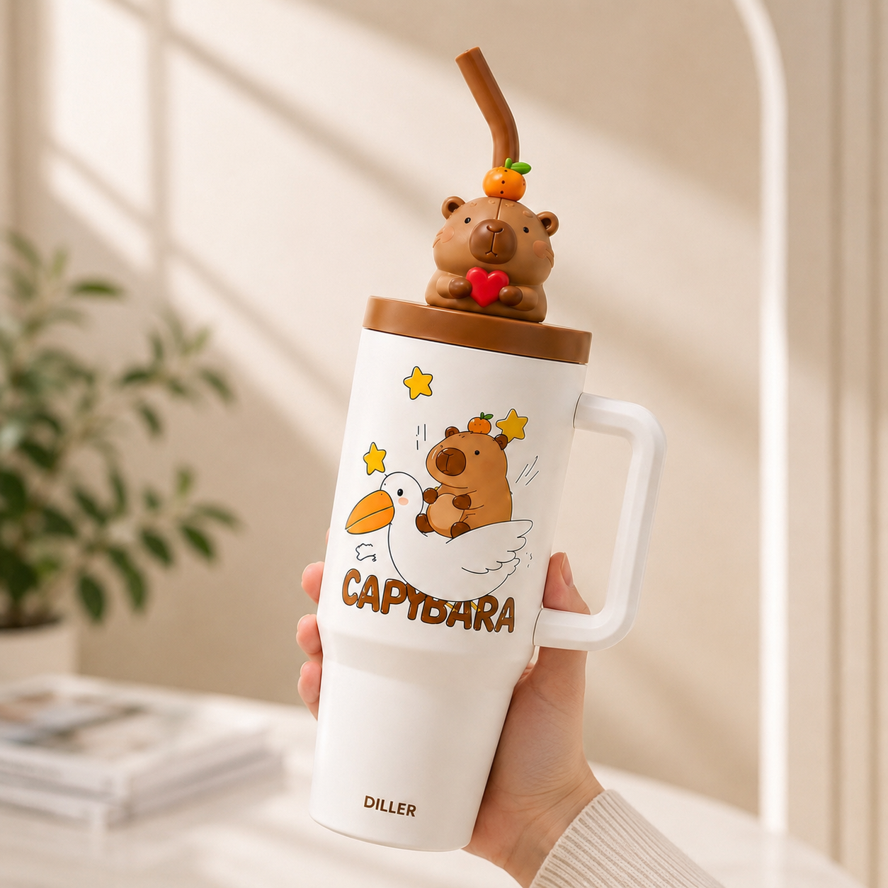 DILLER 1200ml Insulated Capybara Travel Tumbler with Handle & Straw | SUS304 Stainless Steel
