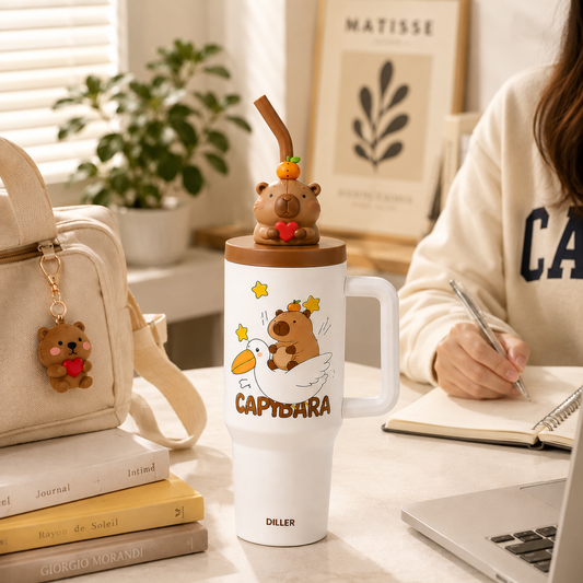 DILLER 1200ml Insulated Capybara Travel Tumbler with Handle & Straw | SUS304 Stainless Steel