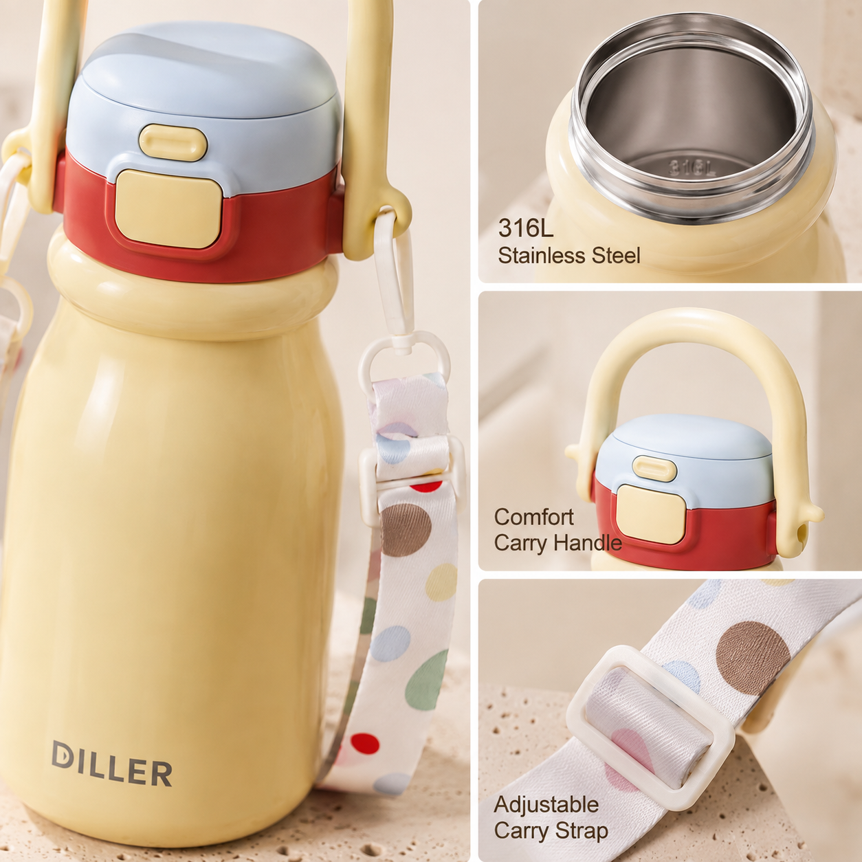 DILLER 520ml Insulated Carry Bottle with Strap | SUS316 Stainless Steel