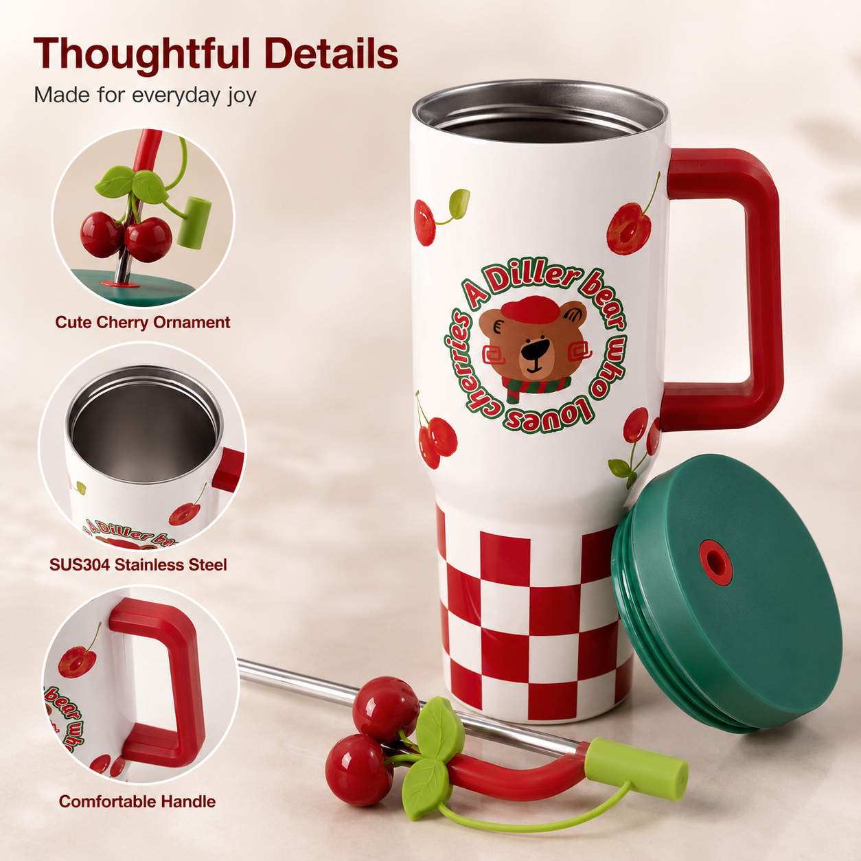 DILLER 1200ml Cherry Series Travel Tumbler with Handle & Straw | SUS304 Stainless Steel