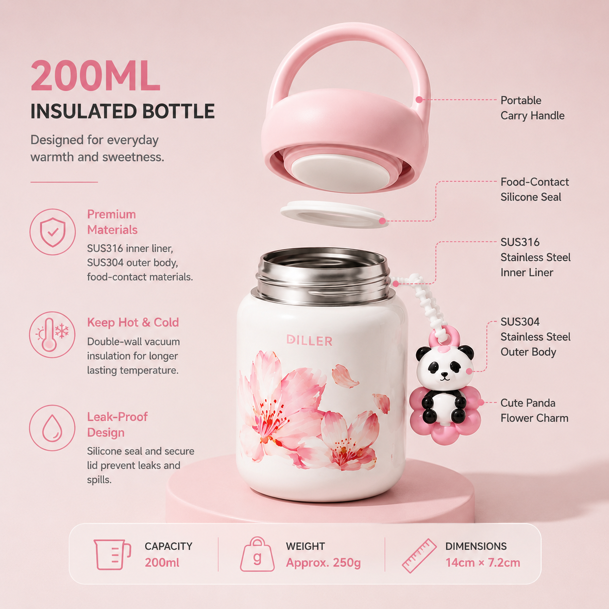DILLER 200ml Insulated Mini Bottle with Carry Handle | SUS316 Stainless Steel