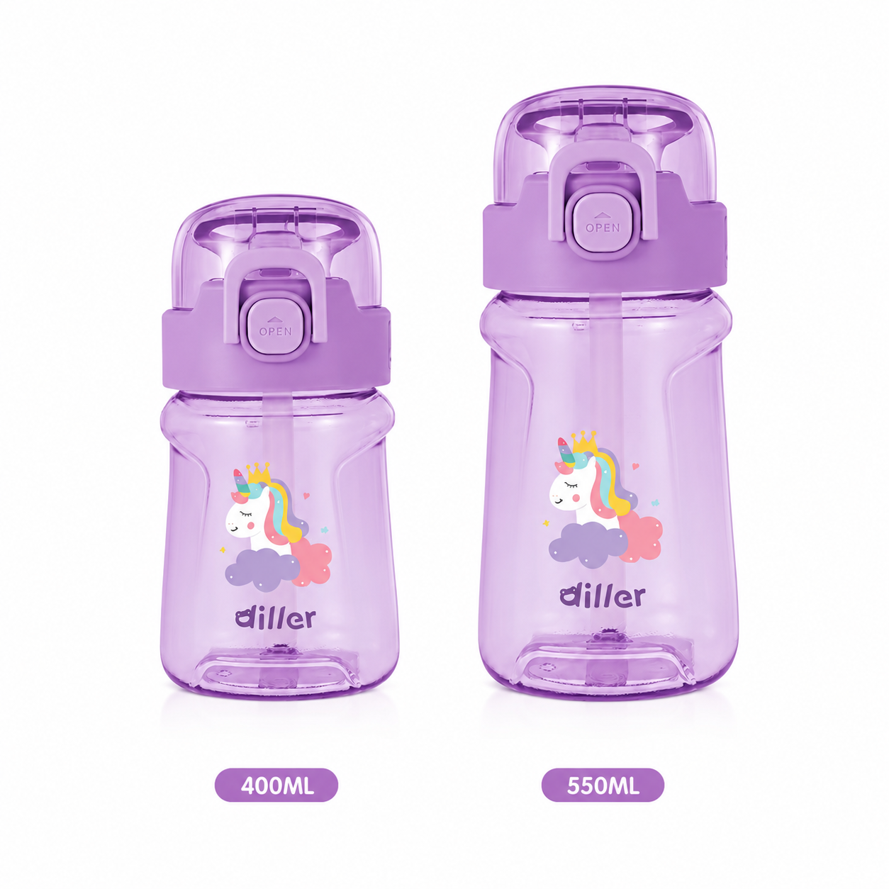 DILLER Kids Tritan Straw Water Bottle 400ml/550ml | BPA Free Leak Proof | School Water Bottle with Straw & Strap