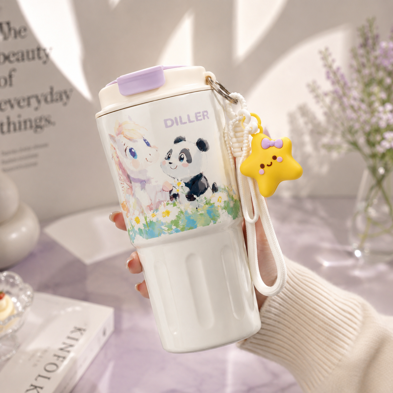 DILLER 600ml Kids Insulated Travel Tumbler with Straw & Handle | SUS316 Stainless Steel | Unicorn & Panda