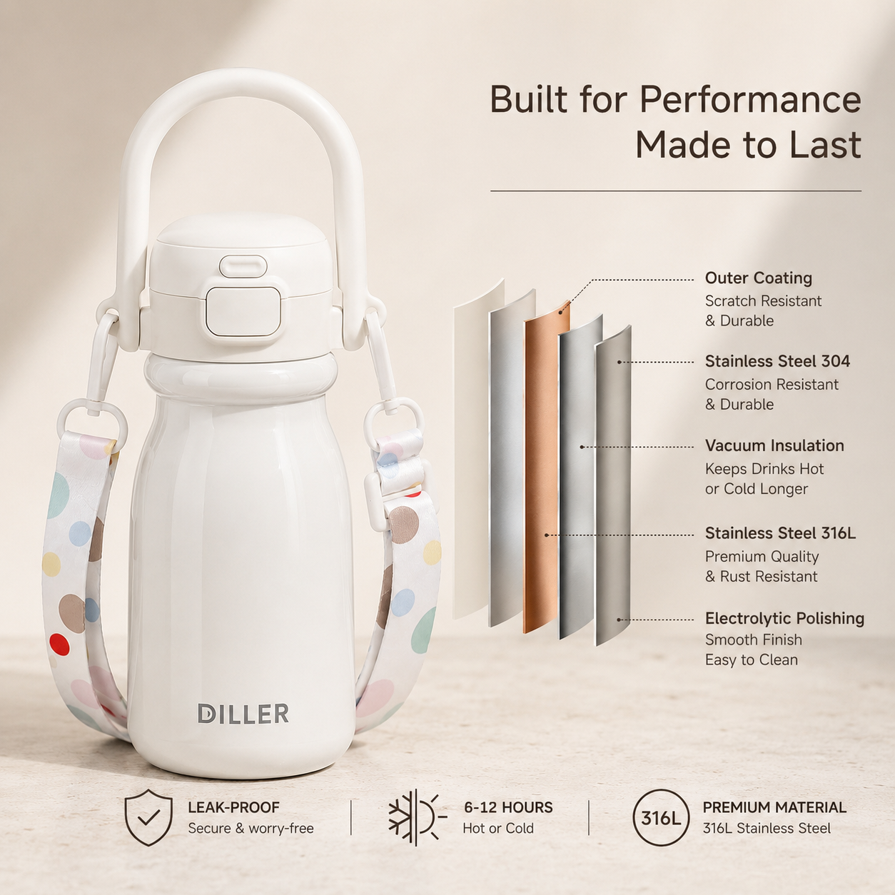 DILLER 520ml Insulated Carry Bottle with Strap | SUS316 Stainless Steel