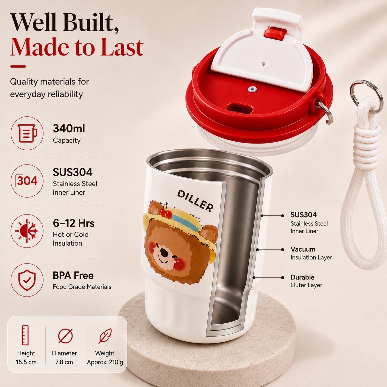 DILLER 340ml Mini Insulated Tumbler | SUS304 Stainless Steel | Pink Bunny &amp; Red Bear