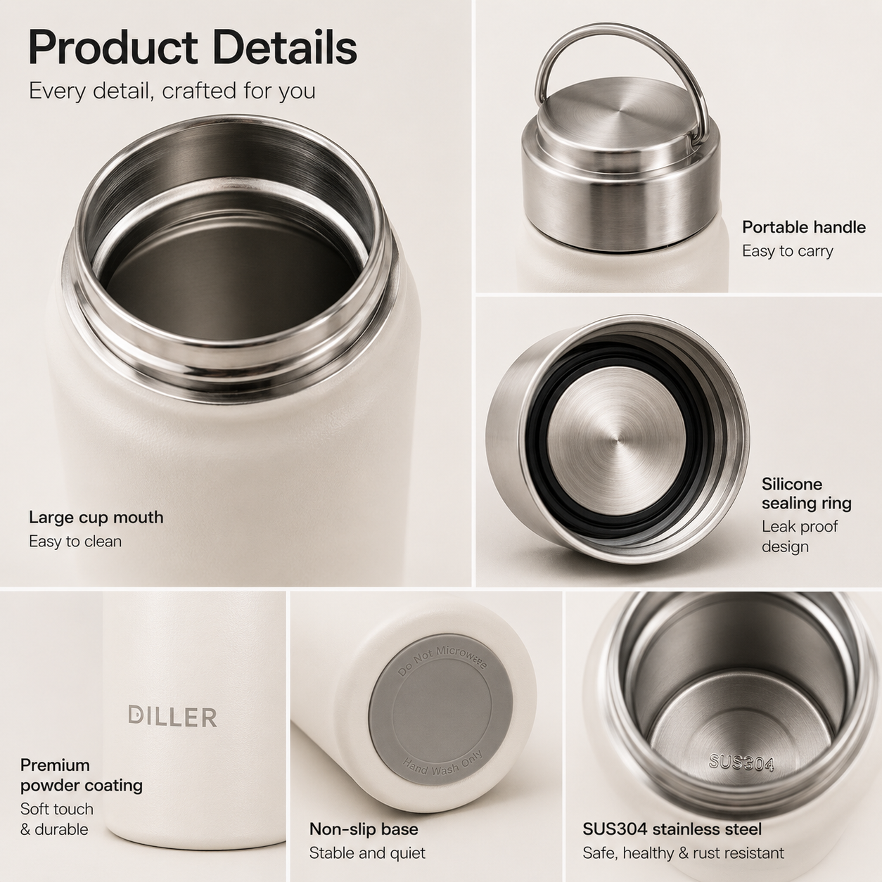 DILLER Insulated Stainless Steel Water Bottle with Carry Handle | SUS304