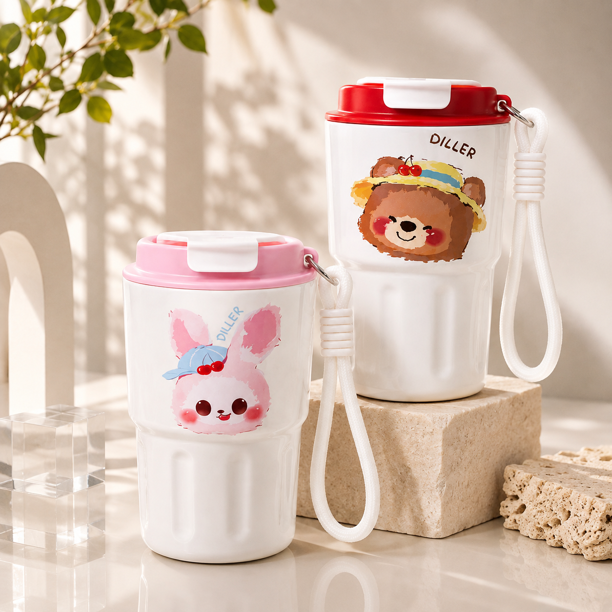DILLER 340ml Mini Insulated Tumbler | SUS304 Stainless Steel | Pink Bunny &amp; Red Bear
