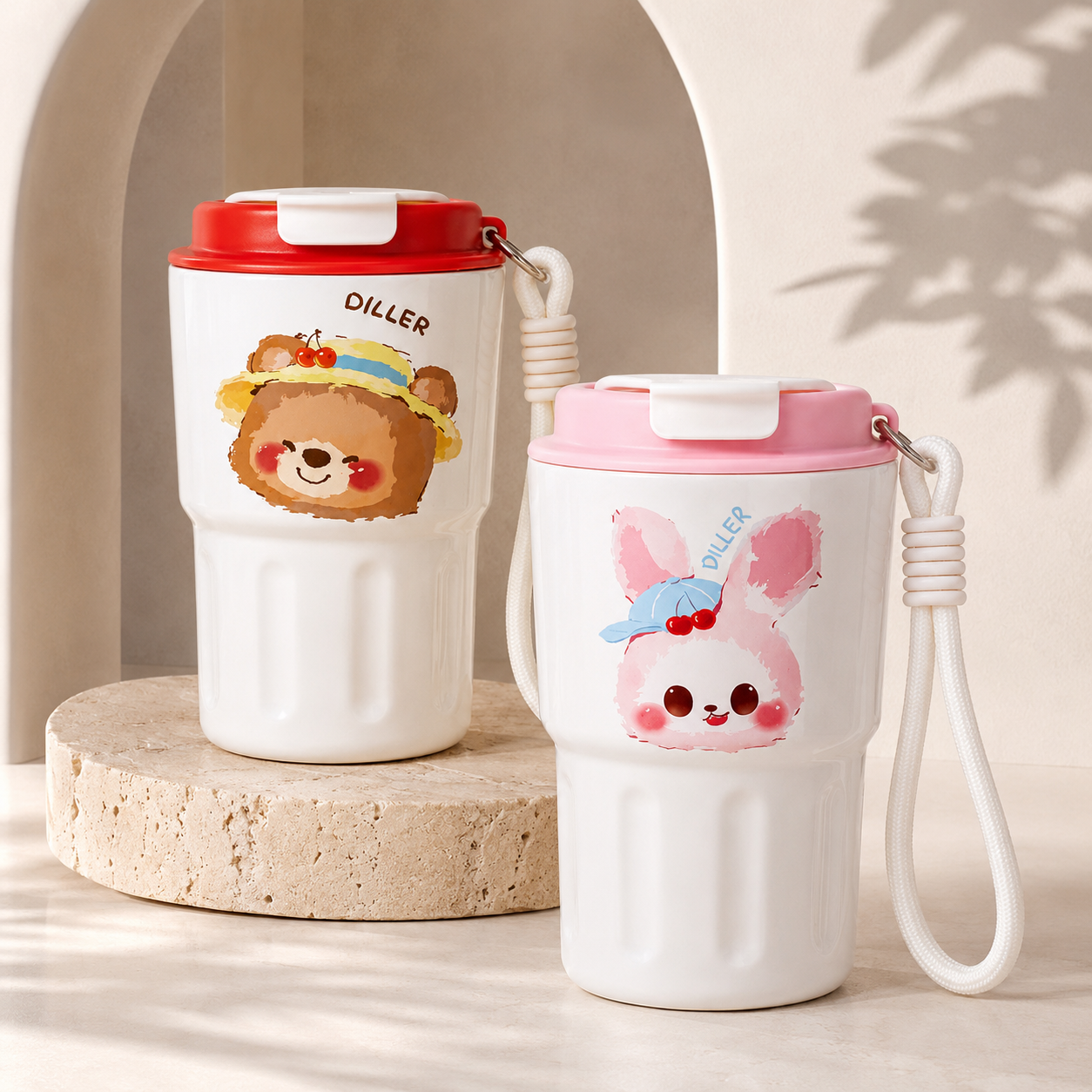 DILLER 340ml Mini Insulated Tumbler | SUS304 Stainless Steel | Pink Bunny &amp; Red Bear
