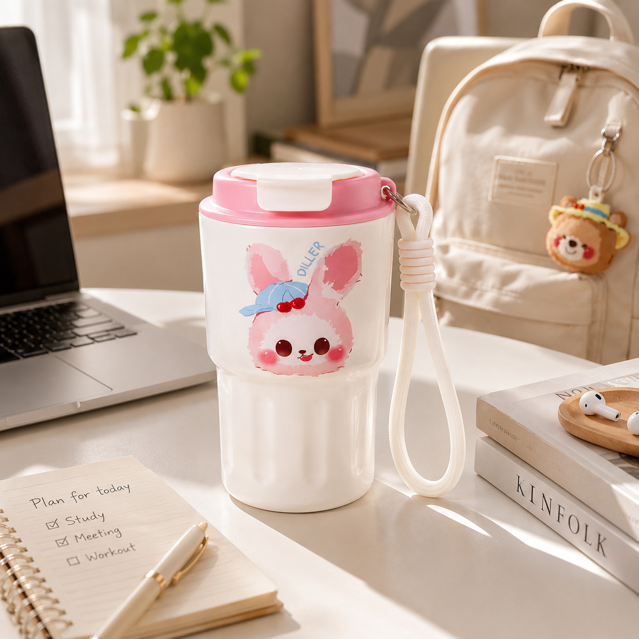 DILLER 340ml Mini Insulated Tumbler | SUS304 Stainless Steel | Pink Bunny &amp; Red Bear
