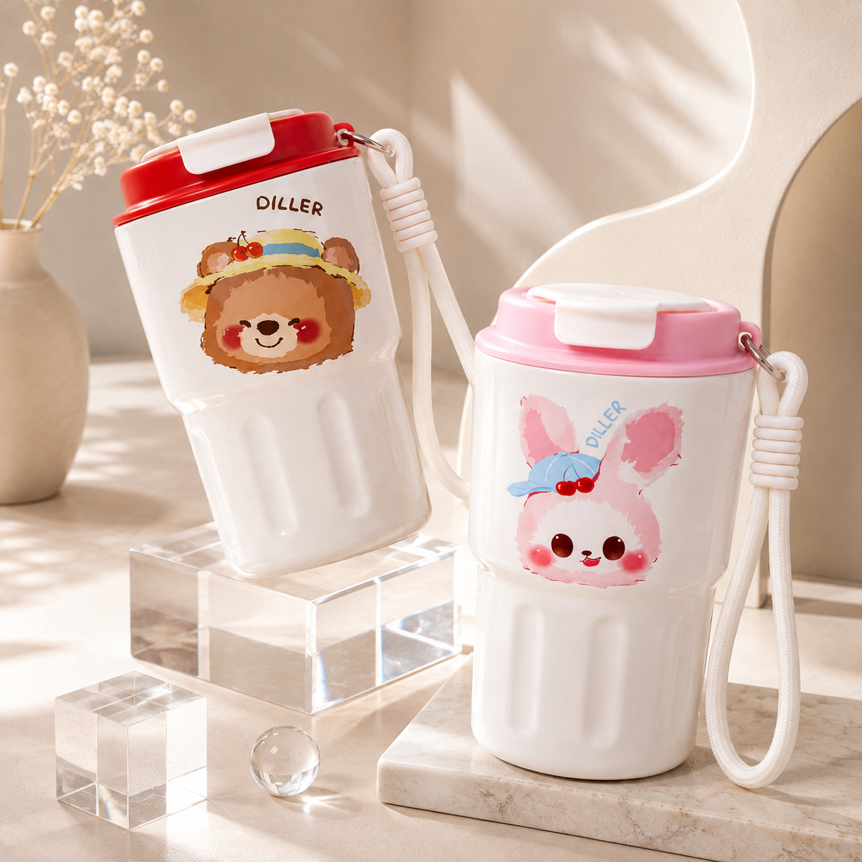DILLER 340ml Mini Insulated Tumbler | SUS304 Stainless Steel | Pink Bunny &amp; Red Bear