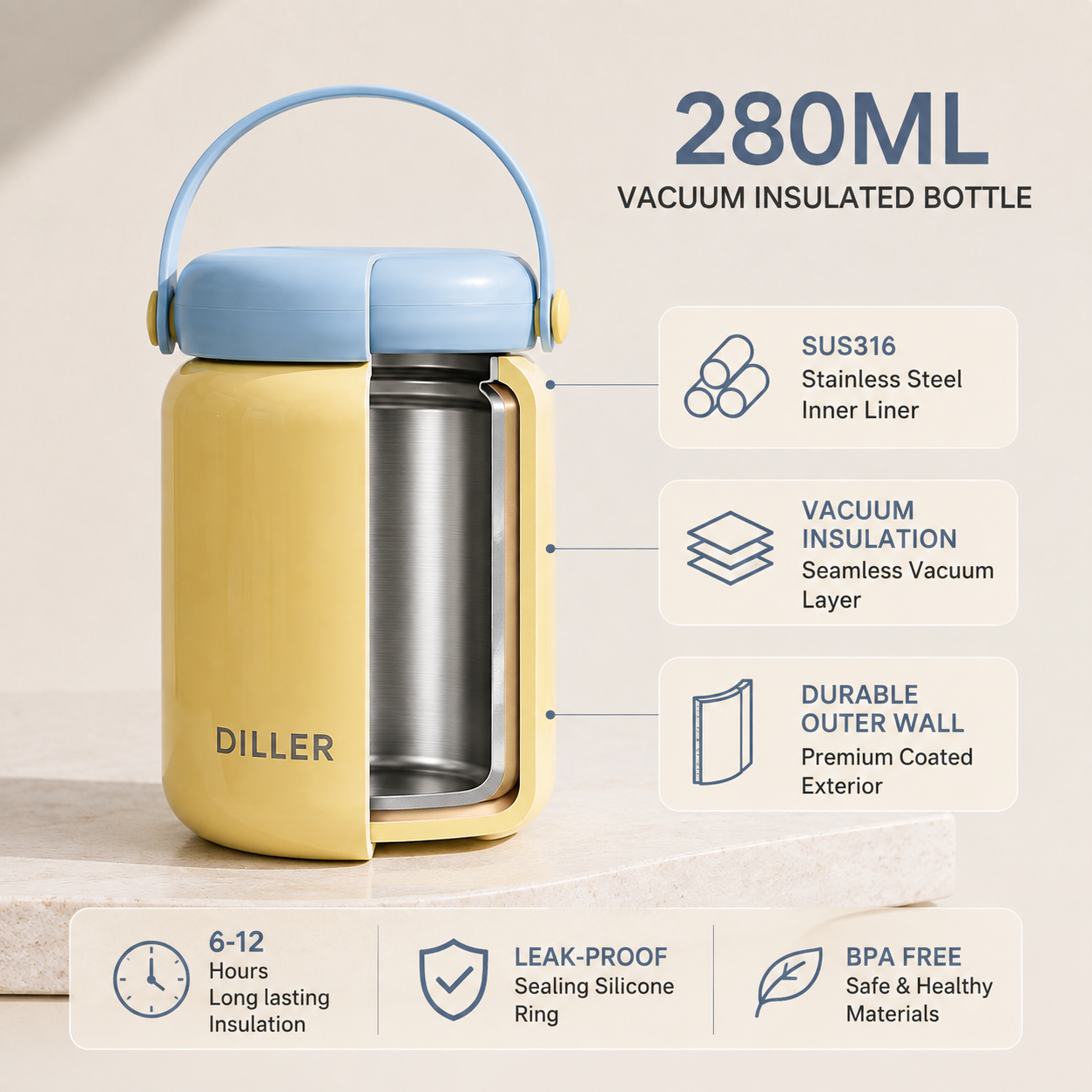 DILLER 280ML Insulated Bottle with Carry Handle | SUS316 Stainless Steel