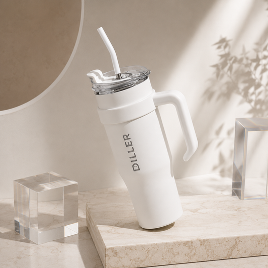 DILLER 1100ml Insulated Travel Tumbler with Handle & Straw | SUS304 Stainless Steel | Black & White