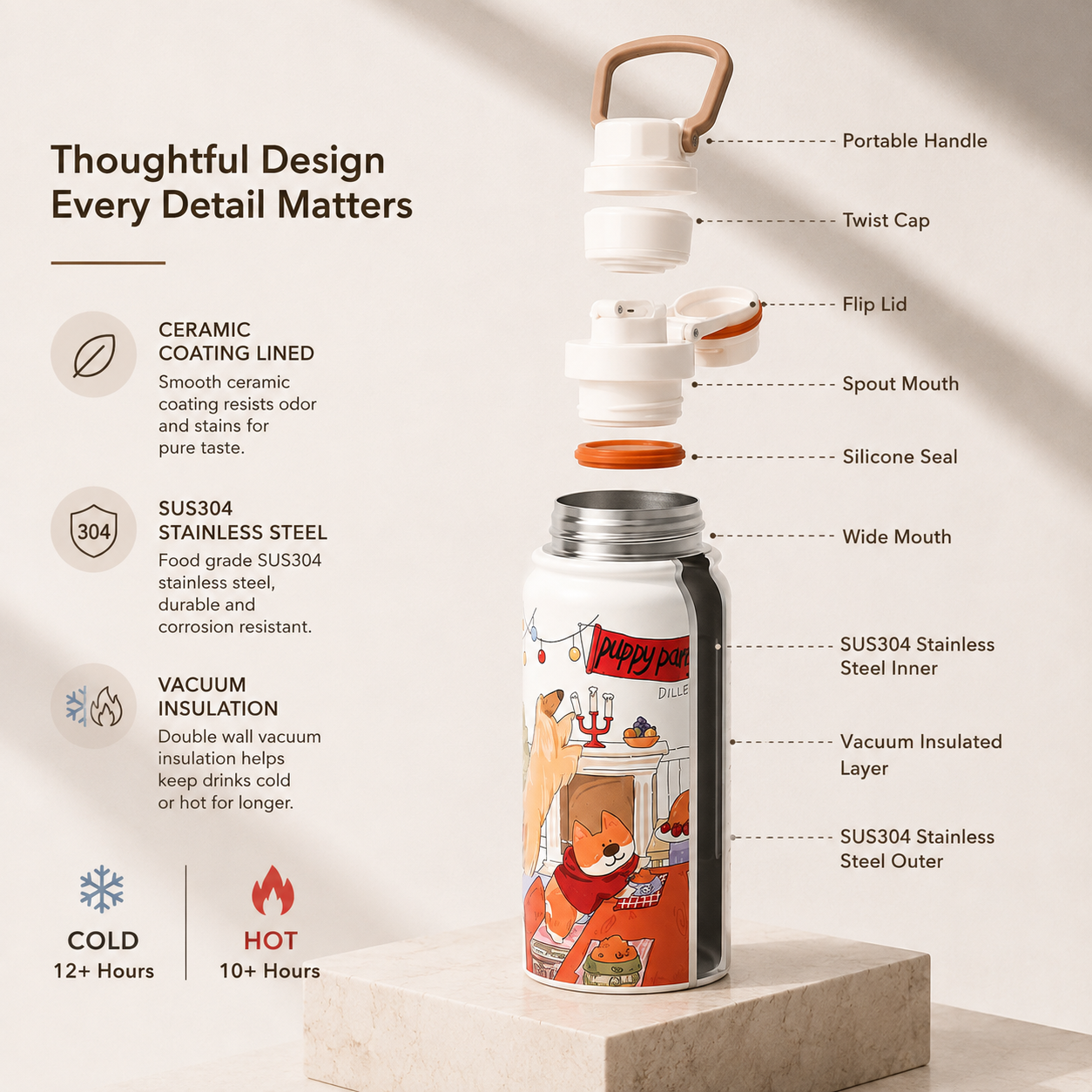 DILLER 500ML Ceramic-Lined Insulated Water Bottle | SUS304 Stainless Steel