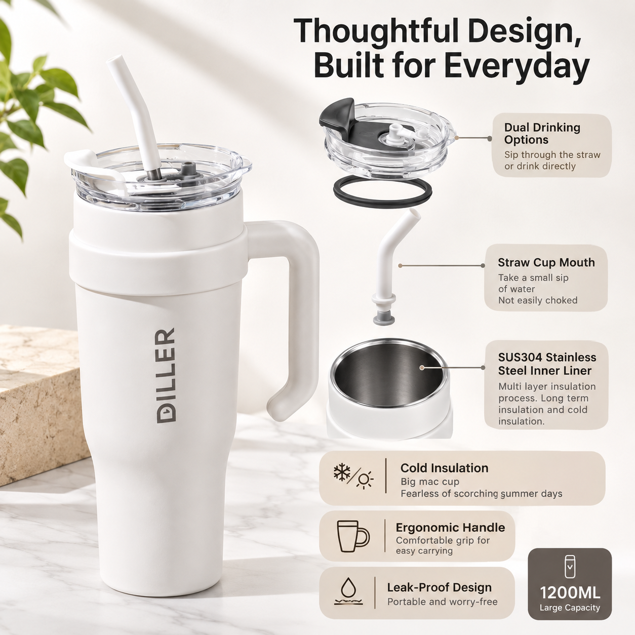 DILLER 1100ml Insulated Travel Tumbler with Handle & Straw | SUS304 Stainless Steel | Black & White