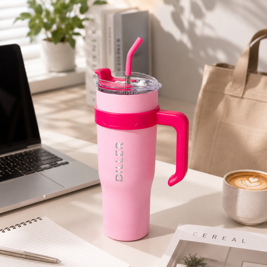 DILLER 1200ml Insulated Travel Tumbler with Handle & Dual Sip Lid | SUS304 Stainless Steel | Pink
