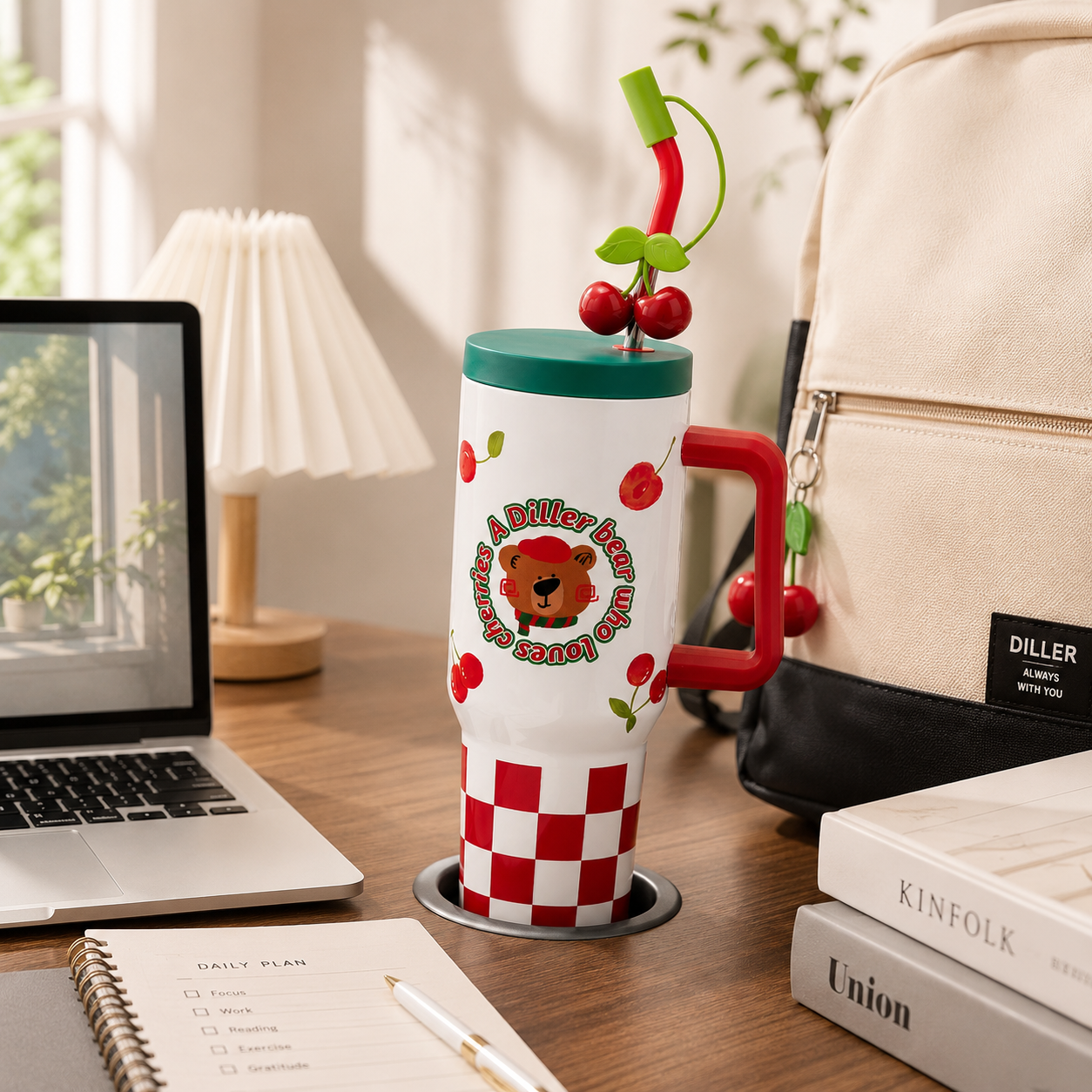 DILLER 1200ml Cherry Series Travel Tumbler with Handle & Straw | SUS304 Stainless Steel
