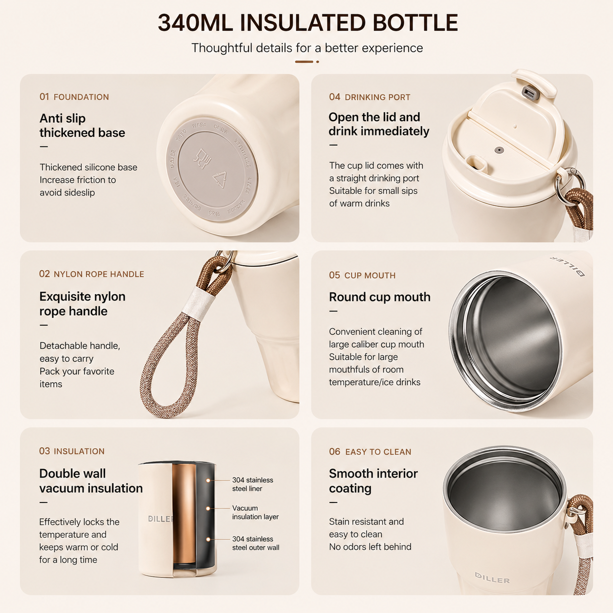 DILLER 340ML Insulated Coffee Tumbler with Carry Strap | SUS304 Stainless Steel