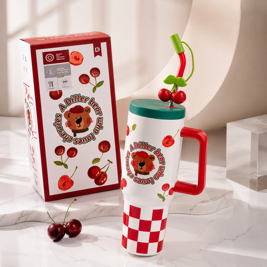 DILLER 1200ml Cherry Series Travel Tumbler with Handle & Straw | SUS304 Stainless Steel