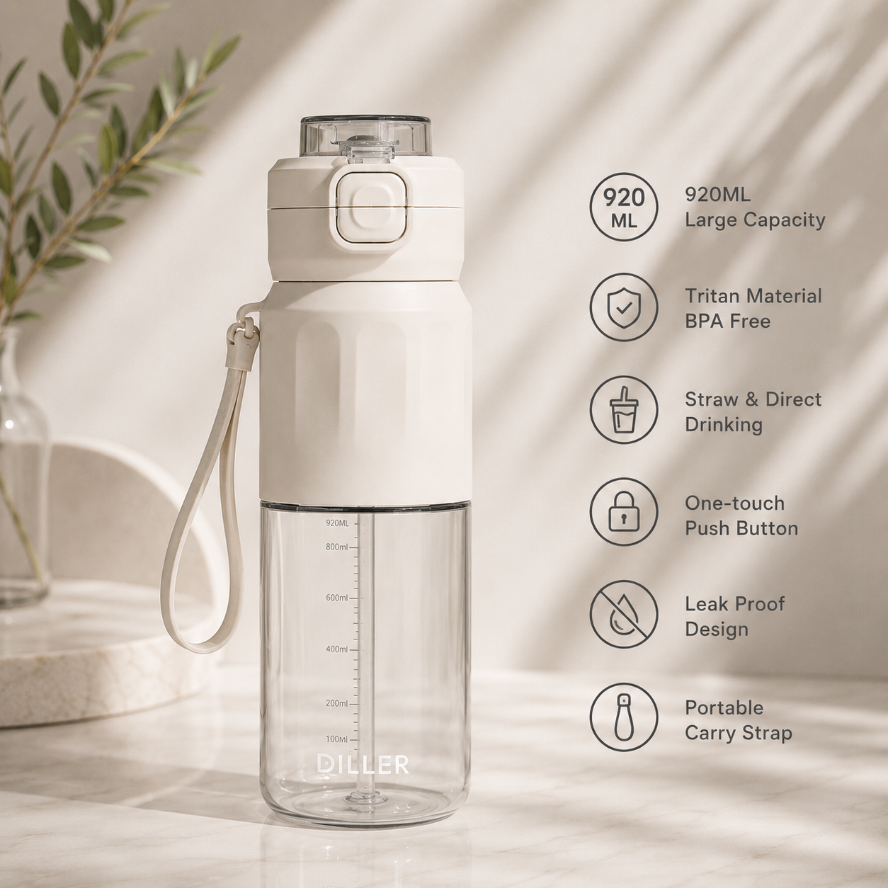 Diller 920ml Dual Drinking Tritan Water Bottle Leak-Proof BPA-Free Portable Travel Sports Bottle