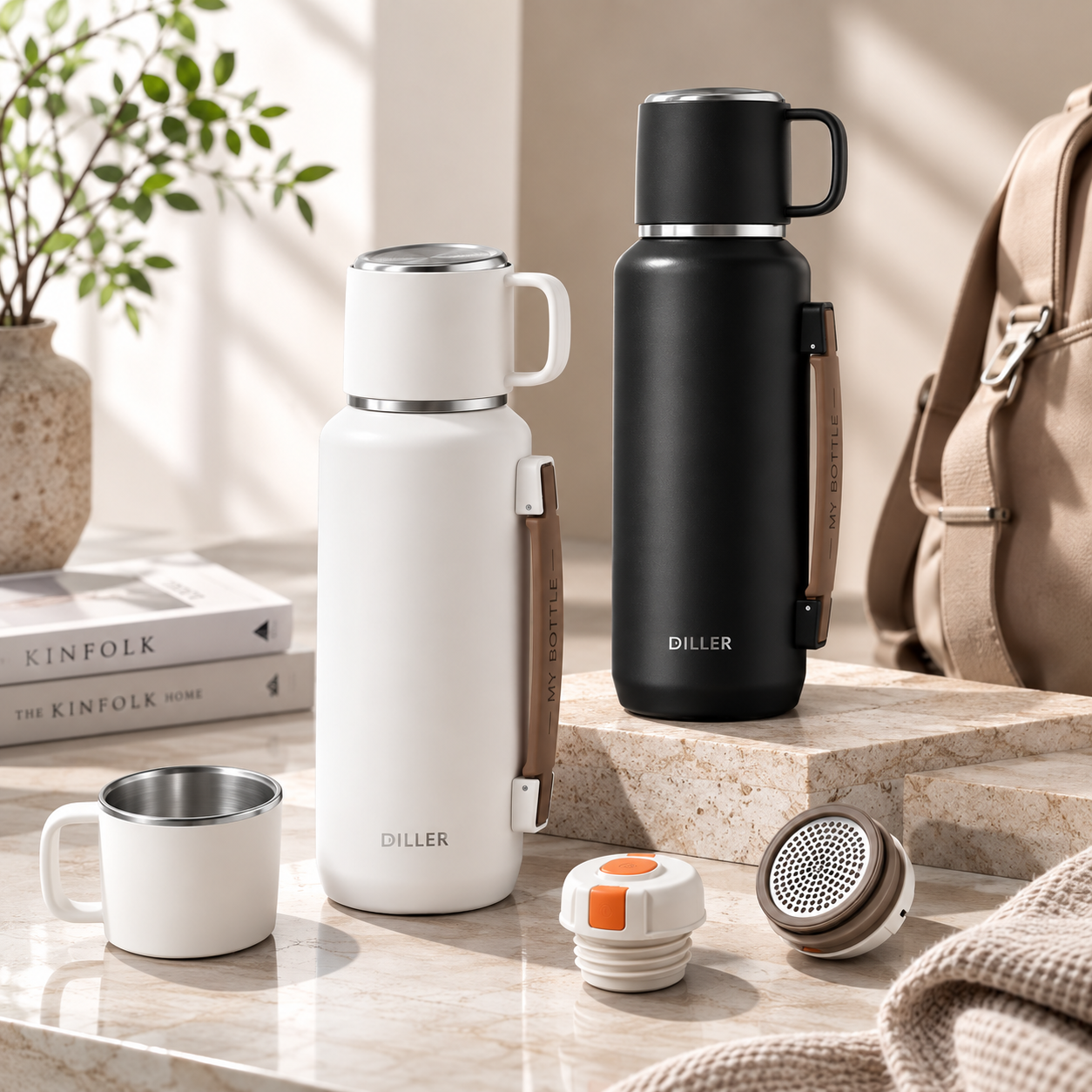 DILLER 800ML & 1000ML Insulated Thermos Flask with Cup | SUS316 Stainless Steel