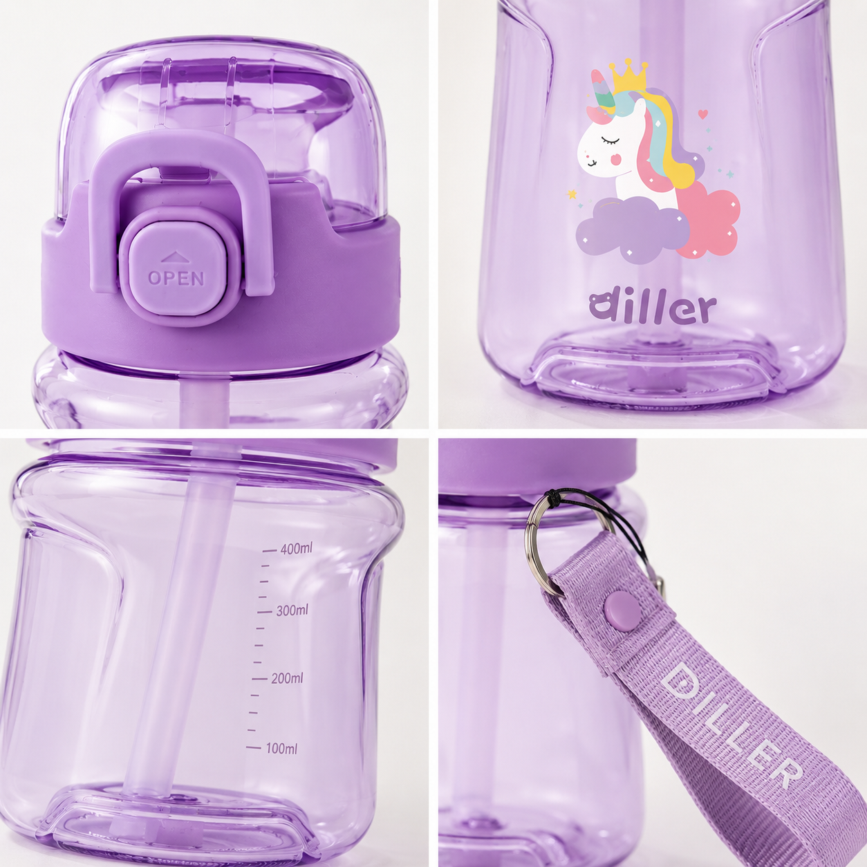 DILLER Kids Tritan Straw Water Bottle 400ml/550ml | BPA Free Leak Proof | School Water Bottle with Straw & Strap