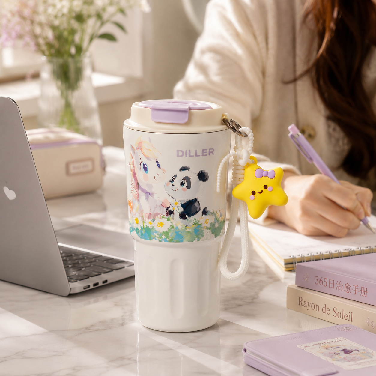 DILLER 600ml Kids Insulated Travel Tumbler with Straw & Handle | SUS316 Stainless Steel | Unicorn & Panda
