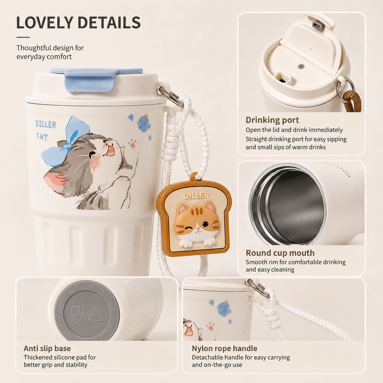 DILLER 340ML Insulated Coffee Tumbler with Carry Strap | SUS304 Stainless Steel