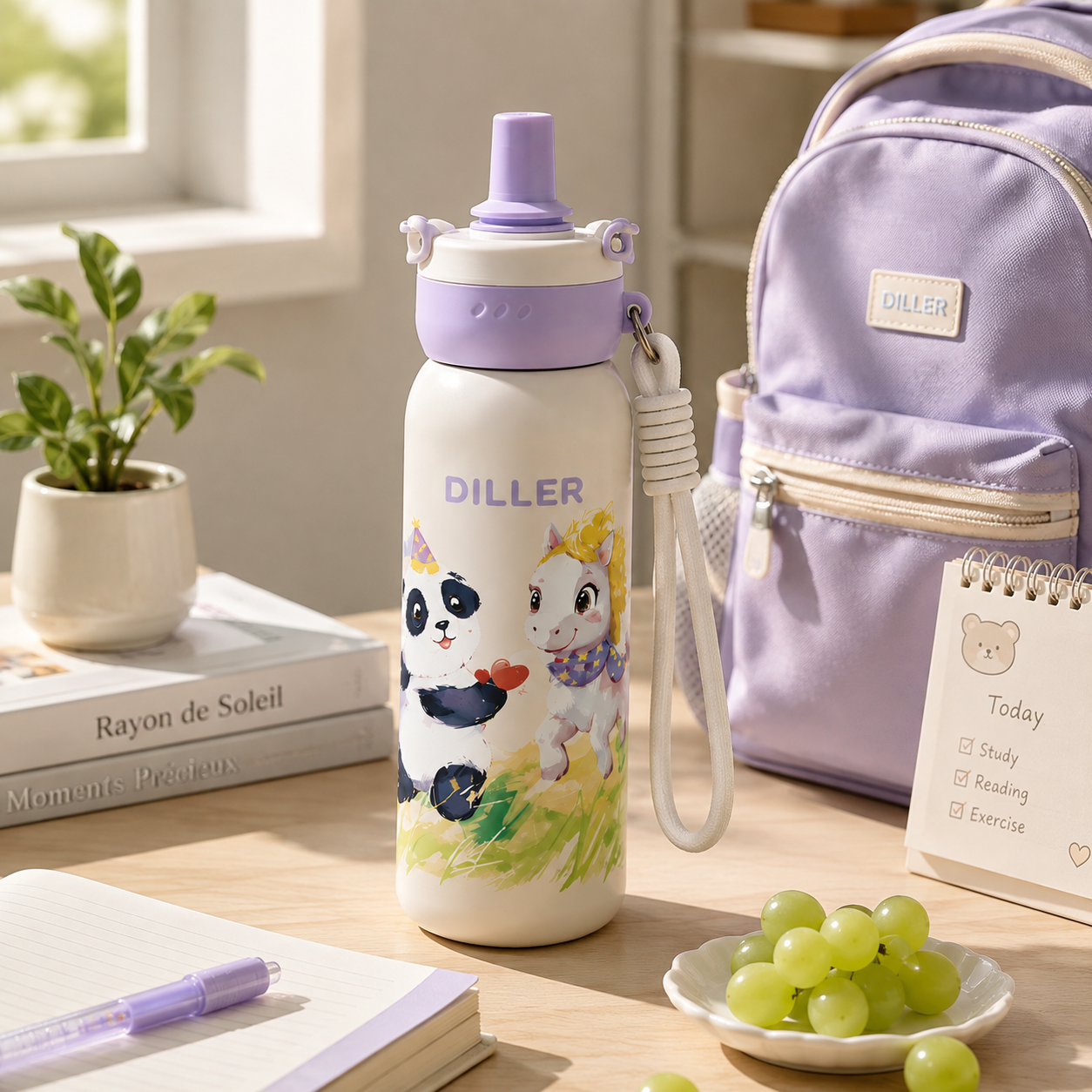 DILLER 680ml Kids Vacuum Insulated Bottle with Straw | SUS316L Stainless Steel | Blue Moon & Starwish Pony