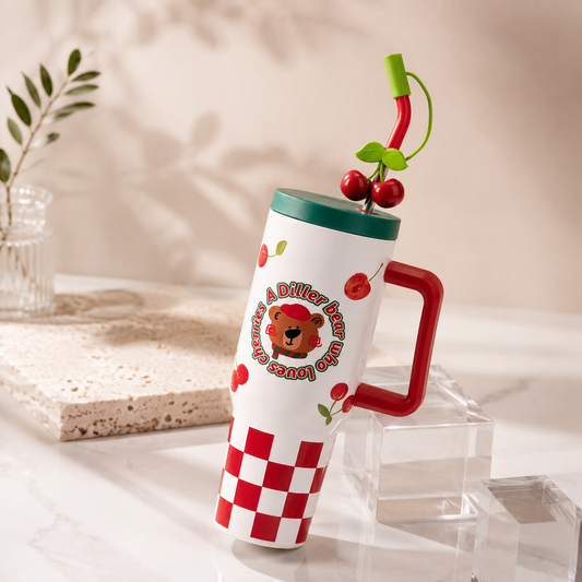 DILLER 1200ml Cherry Series Travel Tumbler with Handle & Straw | SUS304 Stainless Steel