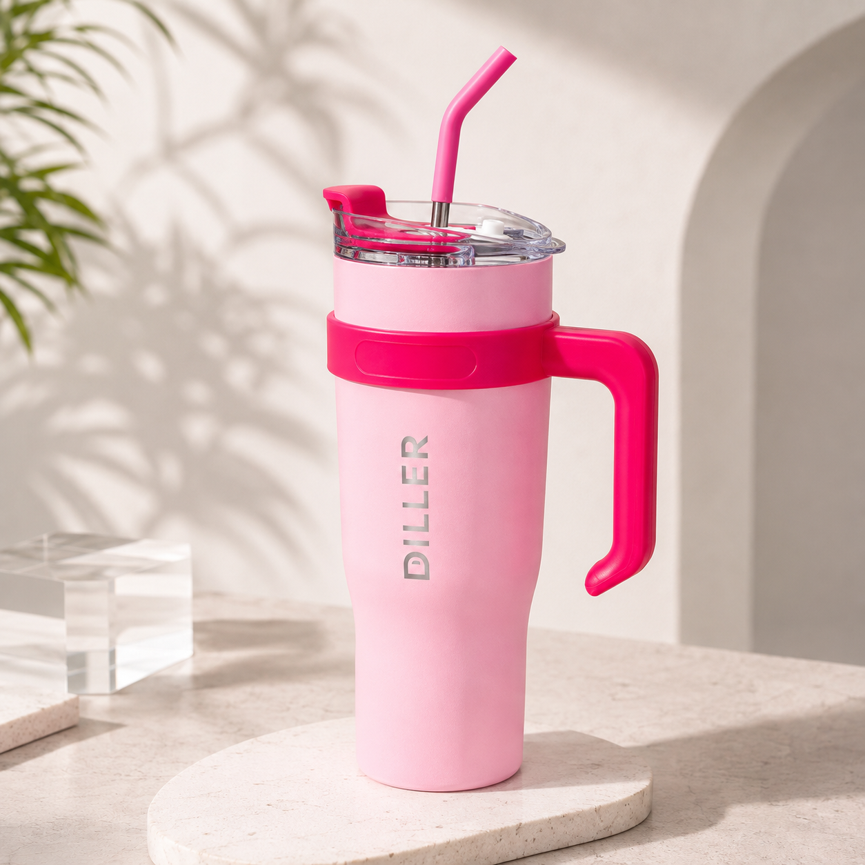 DILLER 1200ml Insulated Travel Tumbler with Handle & Dual Sip Lid | SUS304 Stainless Steel | Pink