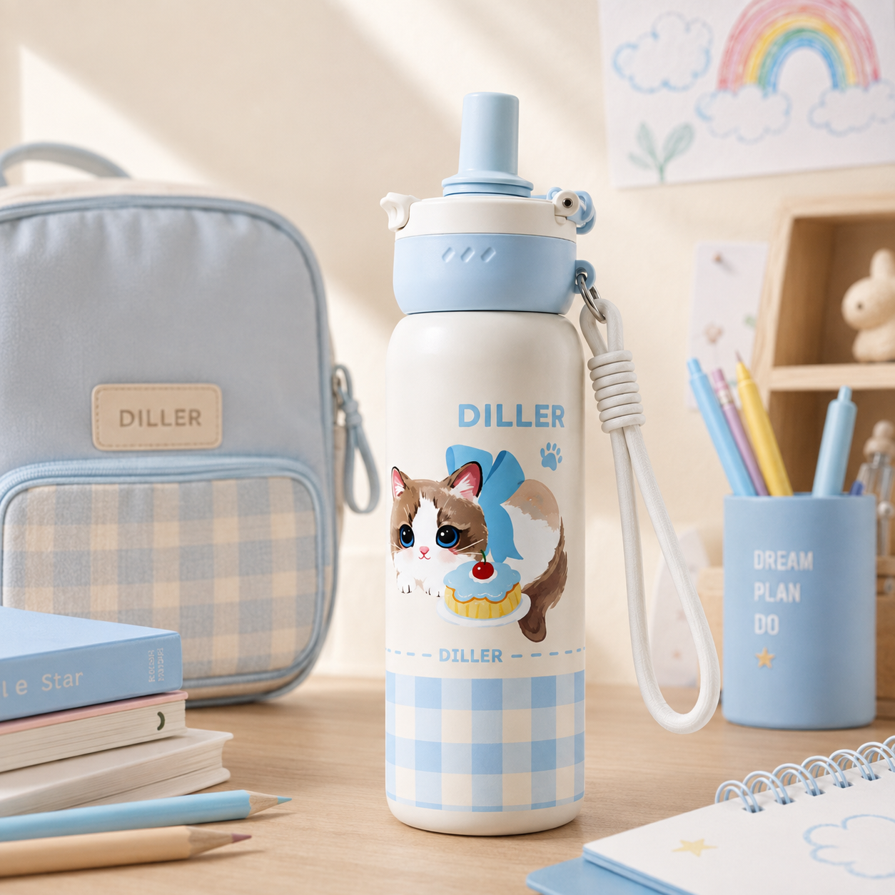 DILLER 680ml Kids Vacuum Insulated Bottle with Straw | SUS316L Stainless Steel | Blue Moon & Starwish Pony