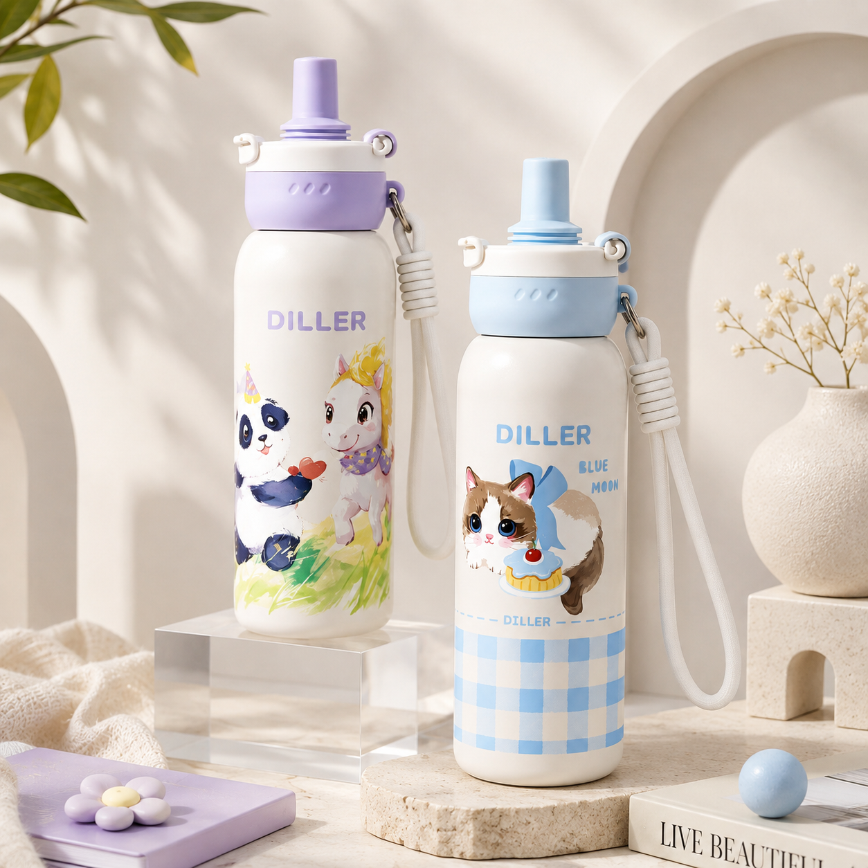 DILLER 680ml Kids Vacuum Insulated Bottle with Straw | SUS316L Stainless Steel | Blue Moon & Starwish Pony