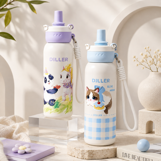 DILLER 680ml Kids Vacuum Insulated Bottle with Straw | SUS316L Stainless Steel | Blue Moon & Starwish Pony