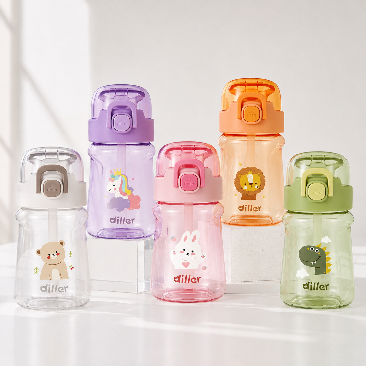 DILLER Kids Tritan Straw Water Bottle 400ml/550ml | BPA Free Leak Proof | School Water Bottle with Straw & Strap