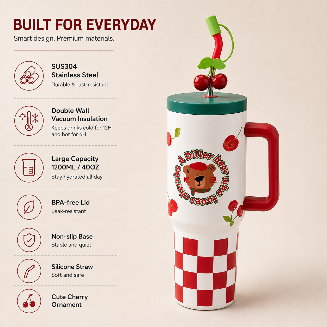 DILLER 1200ml Cherry Series Travel Tumbler with Handle & Straw | SUS304 Stainless Steel