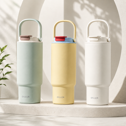 DILLER 920ml Ceramic Coated Insulated Travel Tumbler with Tea Filter | SUS316 Stainless Steel | White, Green & Yellow
