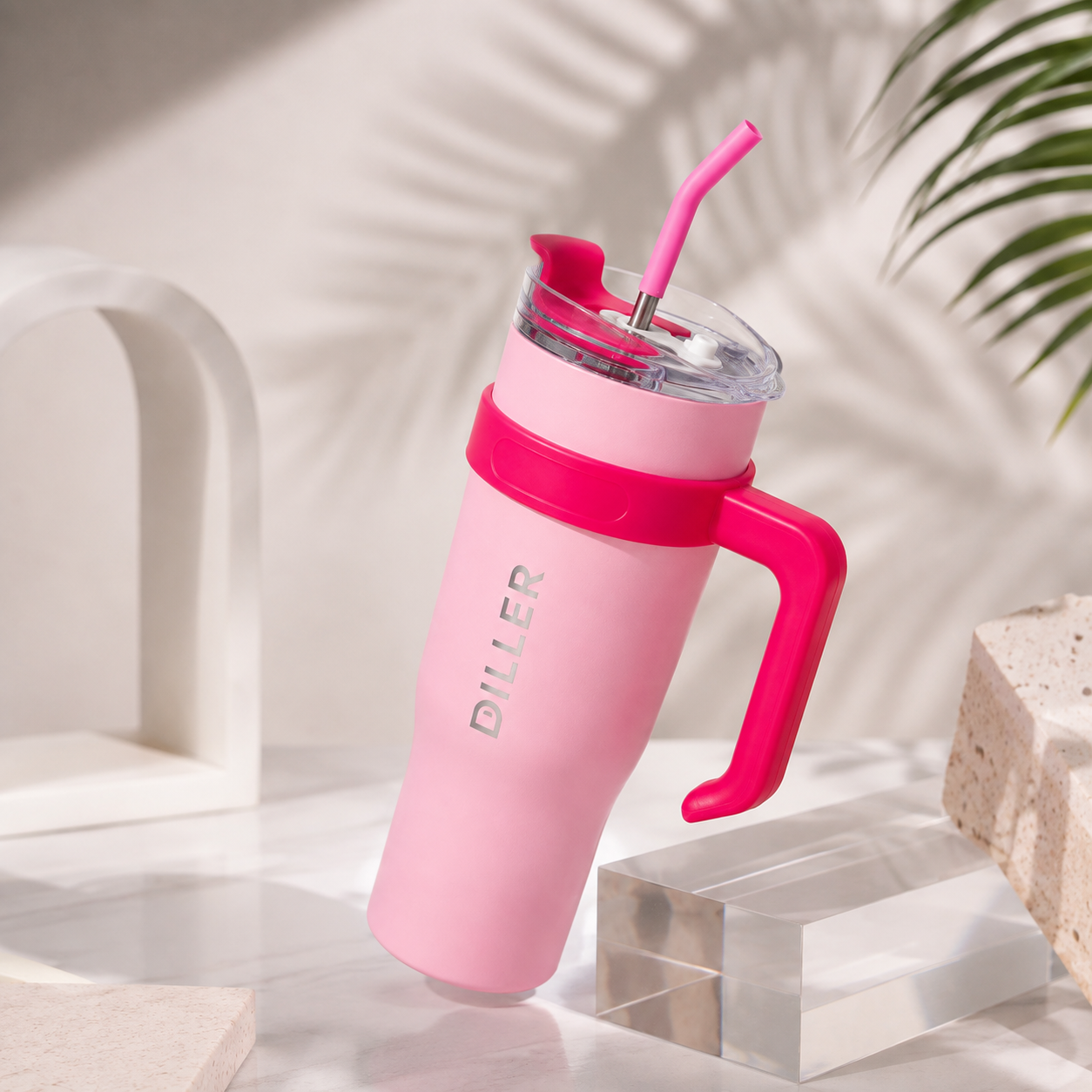 DILLER 1200ml Insulated Travel Tumbler with Handle & Dual Sip Lid | SUS304 Stainless Steel | Pink