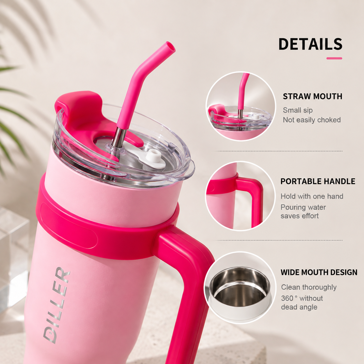 DILLER 1200ml Insulated Travel Tumbler with Handle & Dual Sip Lid | SUS304 Stainless Steel | Pink
