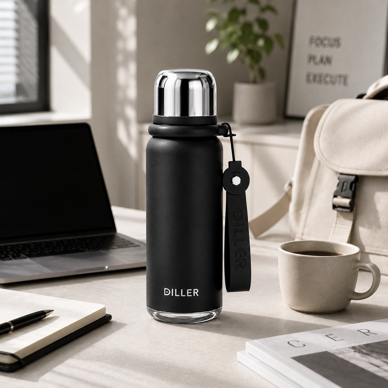 DILLER 580ML Vacuum Insulated Thermos Bottle 316L Stainless Steel 6-Layer Insulation with Carry Strap