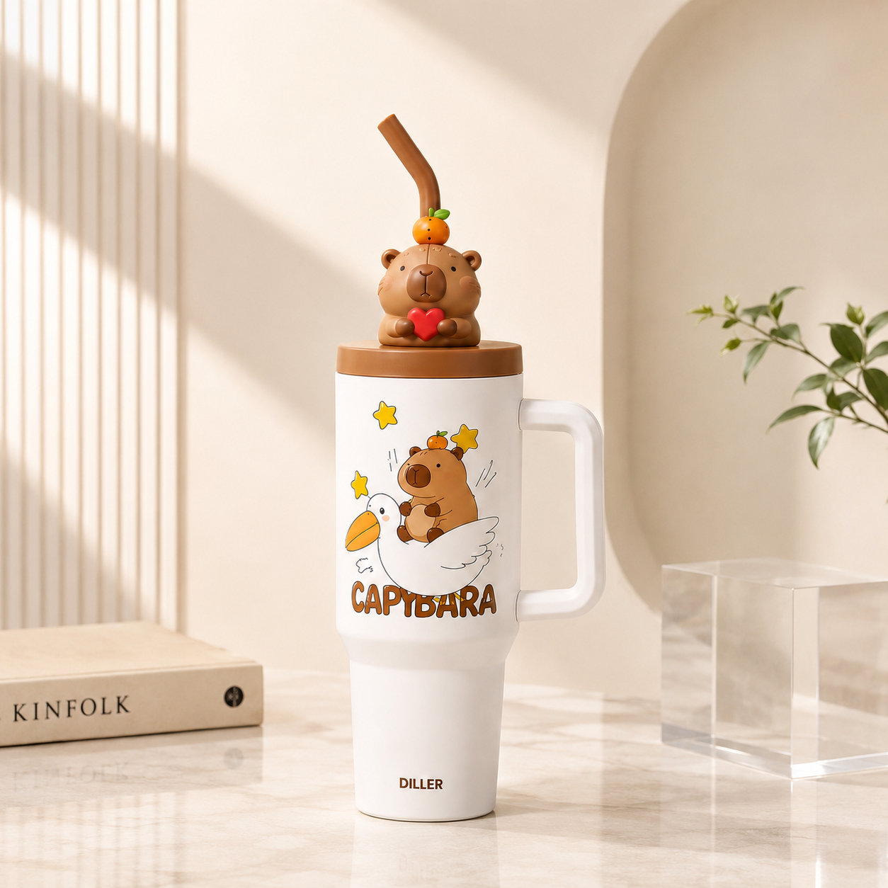 DILLER 1200ml Insulated Capybara Travel Tumbler with Handle & Straw | SUS304 Stainless Steel