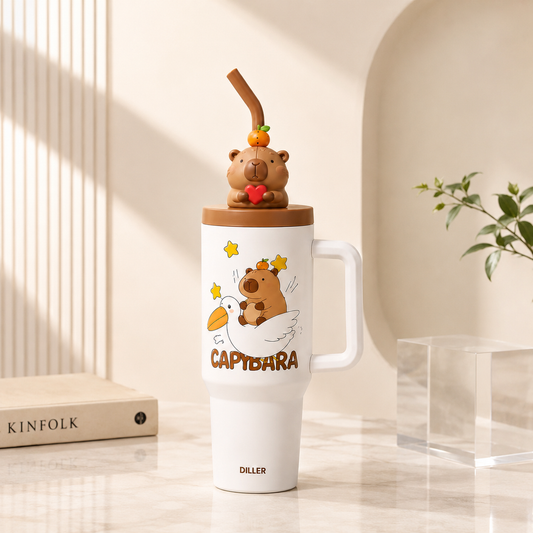 DILLER 1200ml Insulated Capybara Travel Tumbler with Handle & Straw | SUS304 Stainless Steel