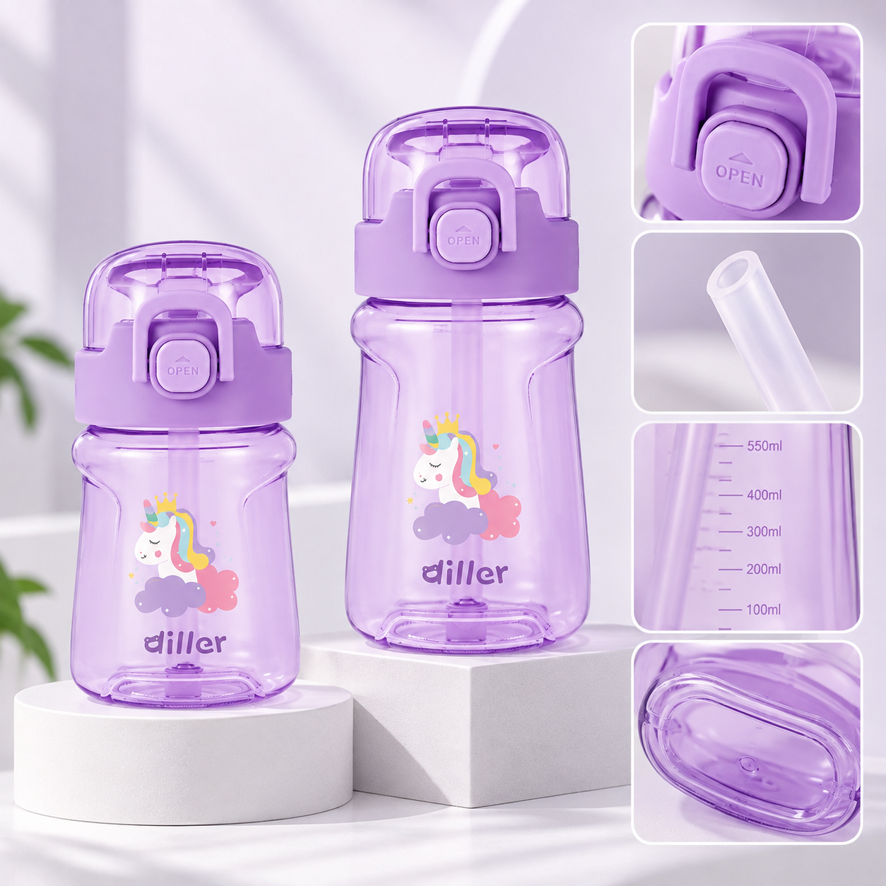 DILLER Kids Tritan Straw Water Bottle 400ml/550ml | BPA Free Leak Proof | School Water Bottle with Straw & Strap