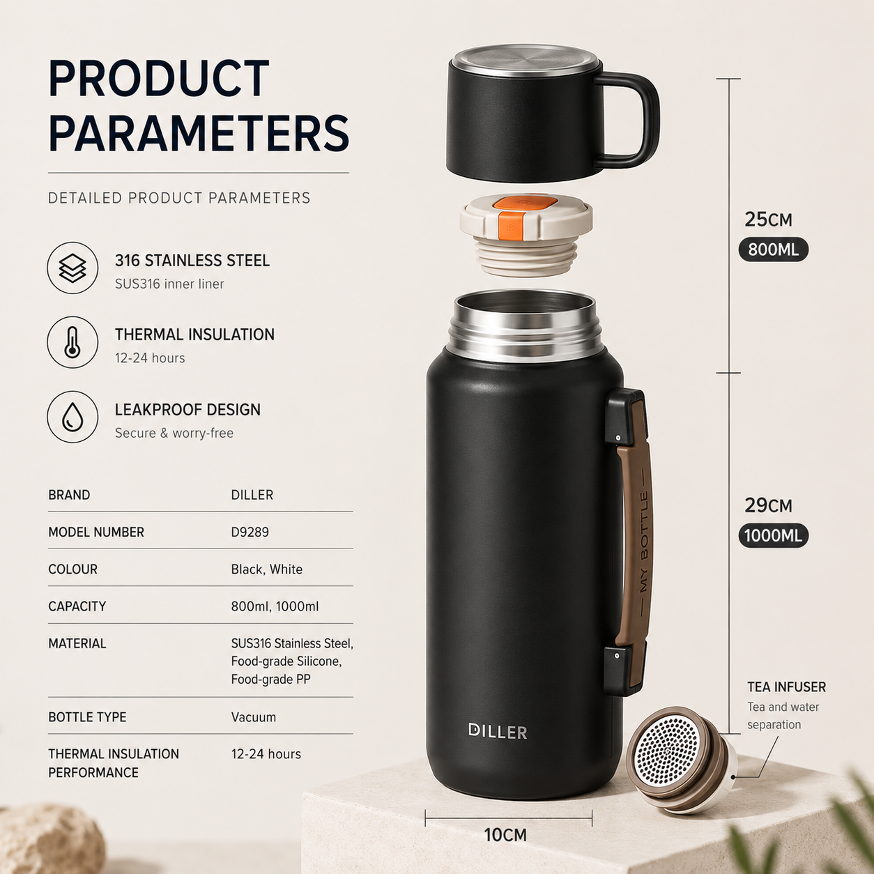 DILLER 800ML & 1000ML Insulated Thermos Flask with Cup | SUS316 Stainless Steel