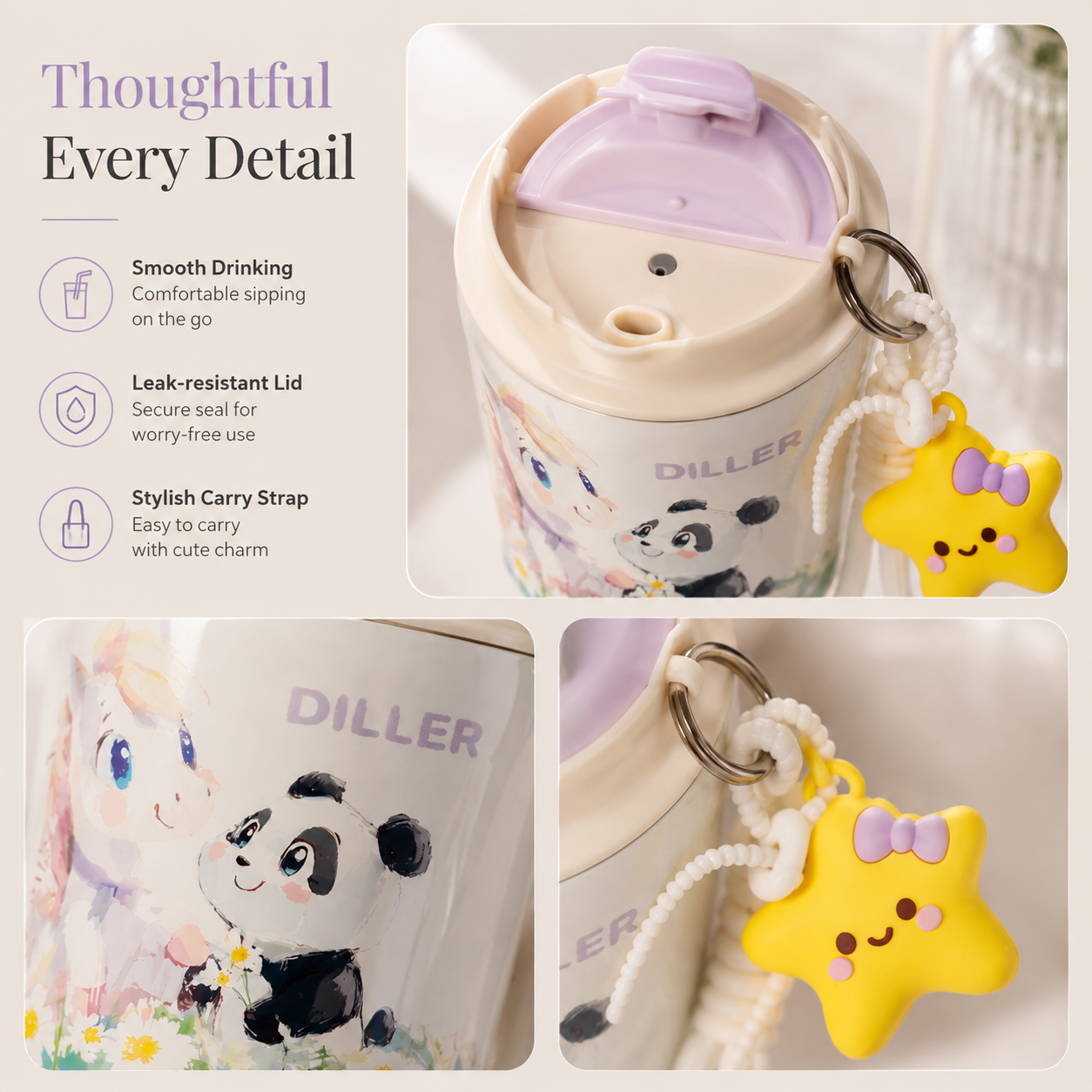 DILLER 600ml Kids Insulated Travel Tumbler with Straw & Handle | SUS316 Stainless Steel | Unicorn & Panda