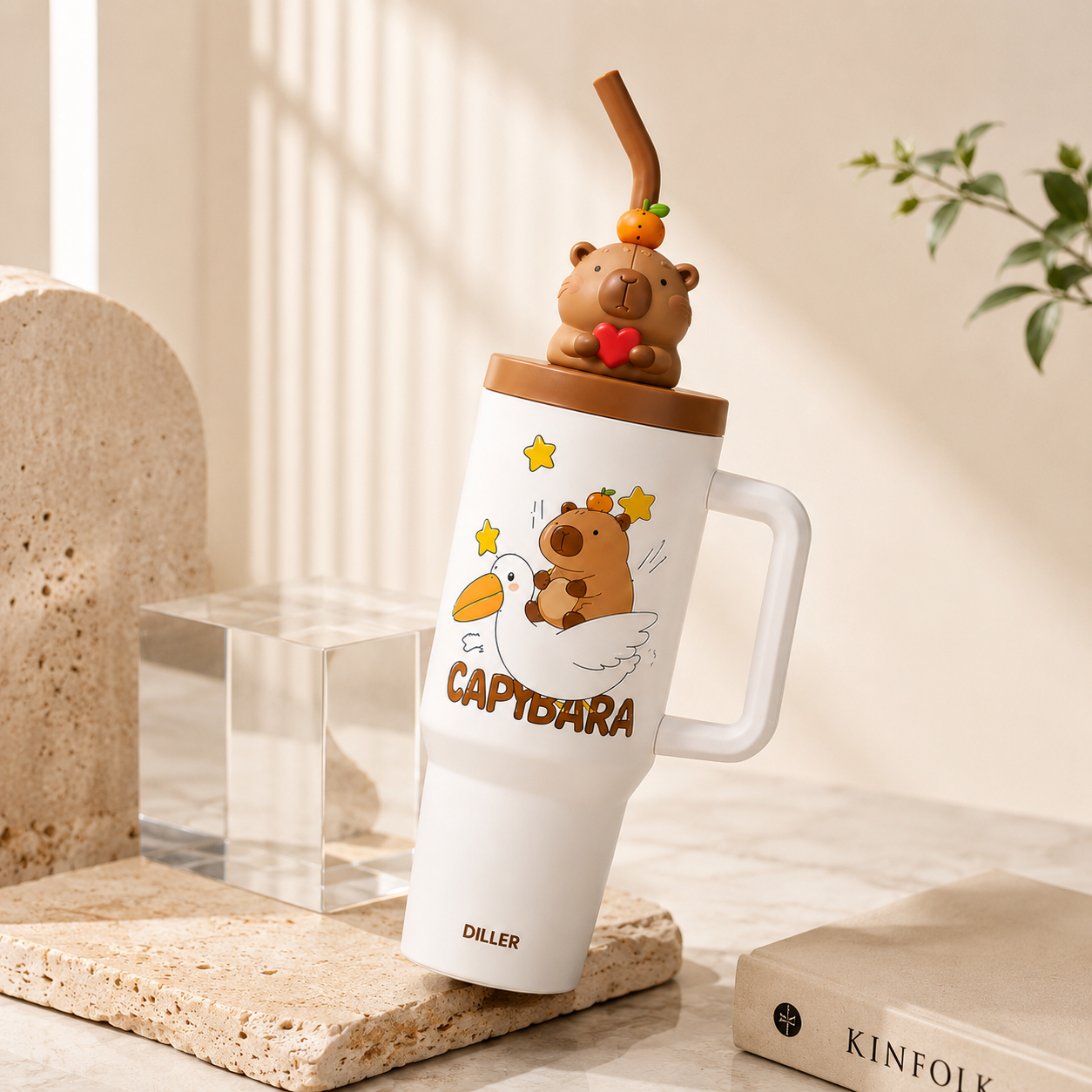 DILLER 1200ml Insulated Capybara Travel Tumbler with Handle & Straw | SUS304 Stainless Steel