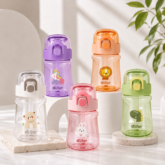 DILLER Kids Tritan Straw Water Bottle 400ml/550ml | BPA Free Leak Proof | School Water Bottle with Straw & Strap