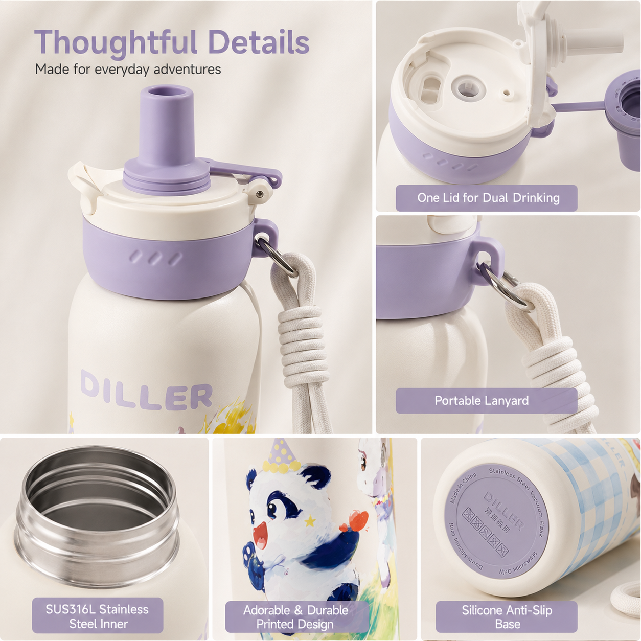 DILLER 680ml Kids Vacuum Insulated Bottle with Straw | SUS316L Stainless Steel | Blue Moon & Starwish Pony