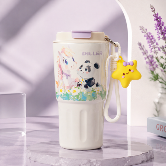 DILLER 600ml Kids Insulated Travel Tumbler with Straw & Handle | SUS316 Stainless Steel | Unicorn & Panda